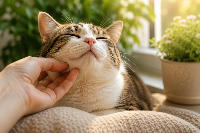 Cat enjoying a chin scratch at The Big Meow cattery